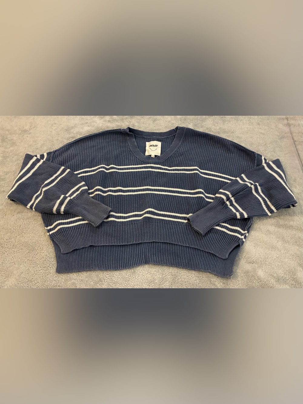 Women’s Aerie Navy/White Stripe Cropped Oversized Crewneck Sweater Size Medium